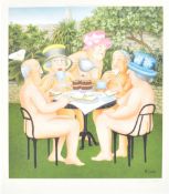 AFTER BERYL COOK SIGNED PRINT ENTITLED ' TEA IN THE GARDEN '