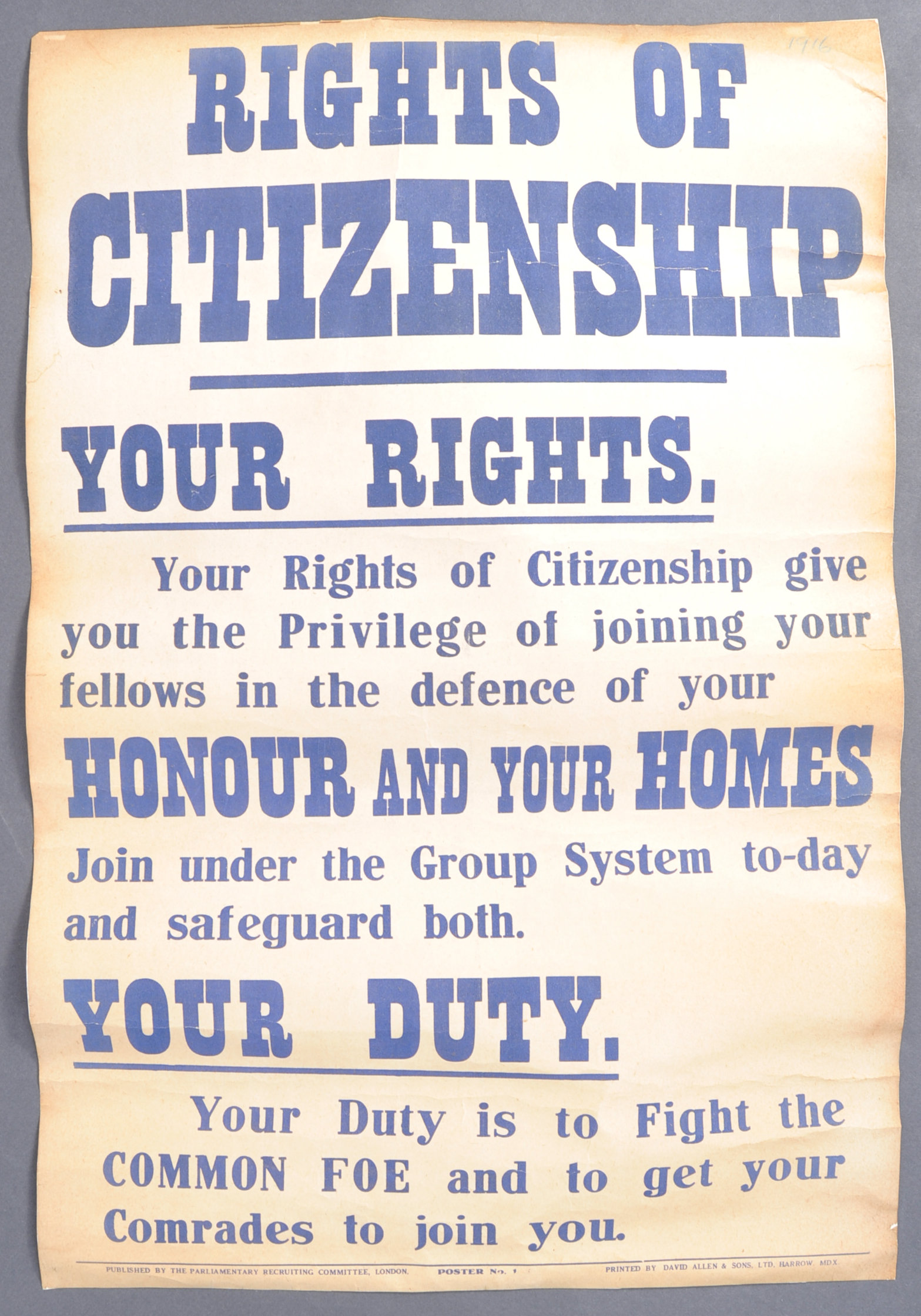 WWI FIRST WORLD WAR RECRUITMENT POSTER ' RIGHTS OF CITIZENSHIP '