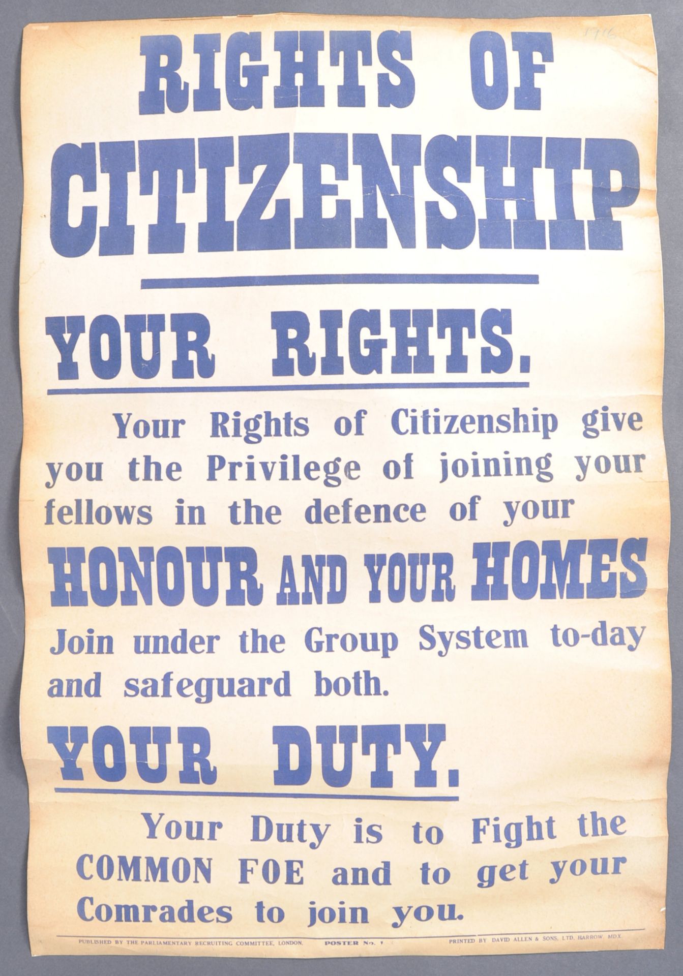 WWI FIRST WORLD WAR RECRUITMENT POSTER ' RIGHTS OF CITIZENSHIP '