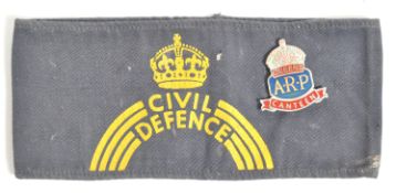 WWII CIVIL DEFENCE ARMBAND AND ARP ENAMEL BADGE