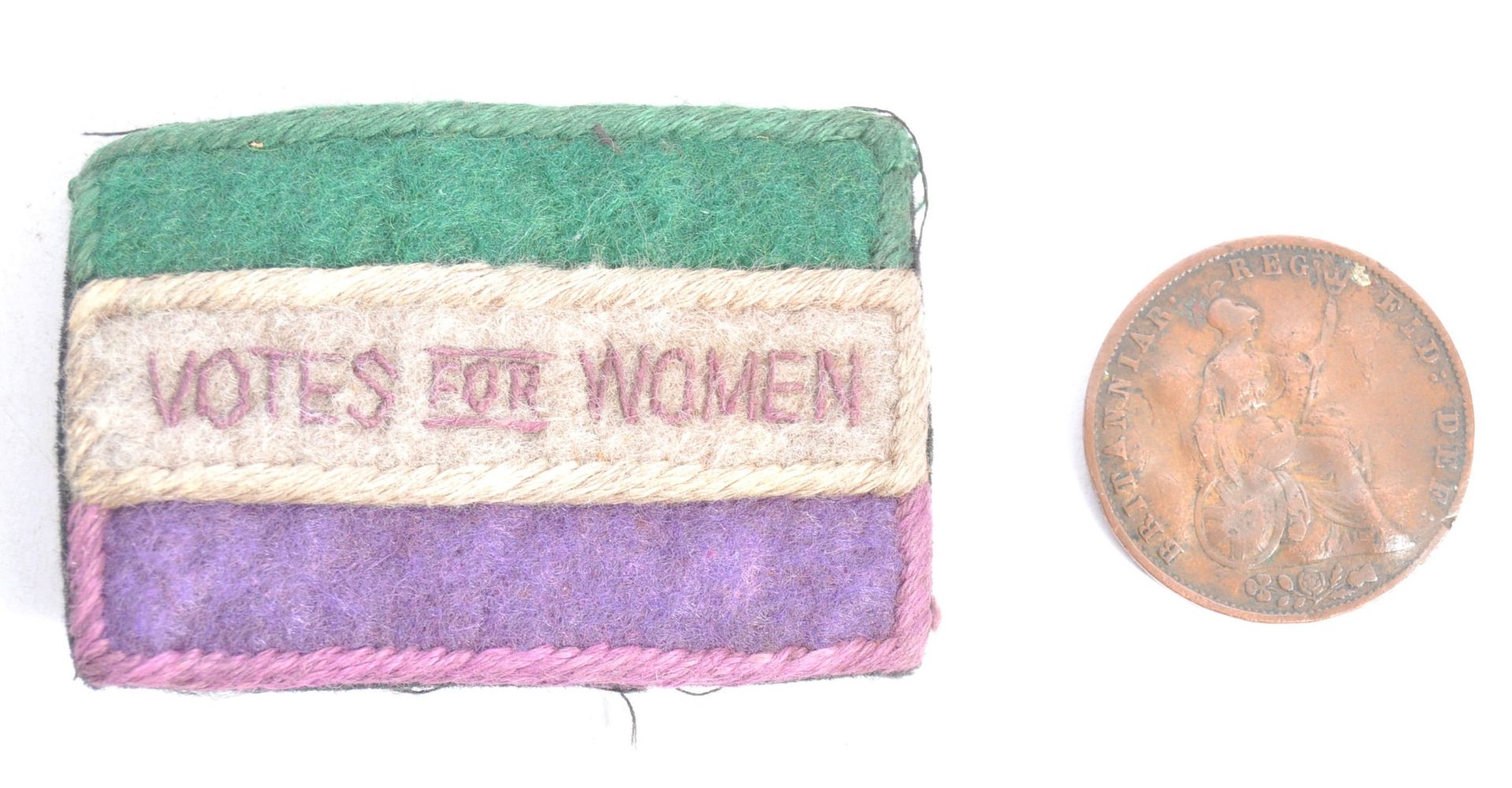 RARE ' VOTES FOR WOMEN ' SUFFRAGETTE CLOTH ARM PATCH & PENNY