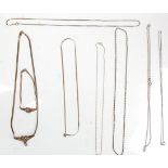 A mixed group of silver necklace chains to include ball link example, box link chains, flat link