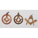 A collection of 3 hallmarked 9ct gold masonic pendants.  To include Chester hallmarked 1910,