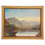 A 20th Century Scottish oil on canvas painting depicting two highland cows in a mountainous loch