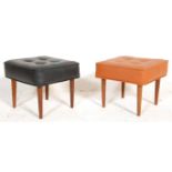 A pair of mid century retro footstools. Each of square form with dansette style turned, tapering