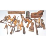 Tools. Large quantity of wooden handled vintage implements such as a plane, hammer, chisel,