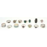 A collection of silver rings to include many examples. To include a Shots band ring, mother of pearl