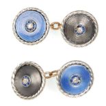 A pair of gentleman's 14ct gold cufflinks having round heads with blue enamel and rope twist