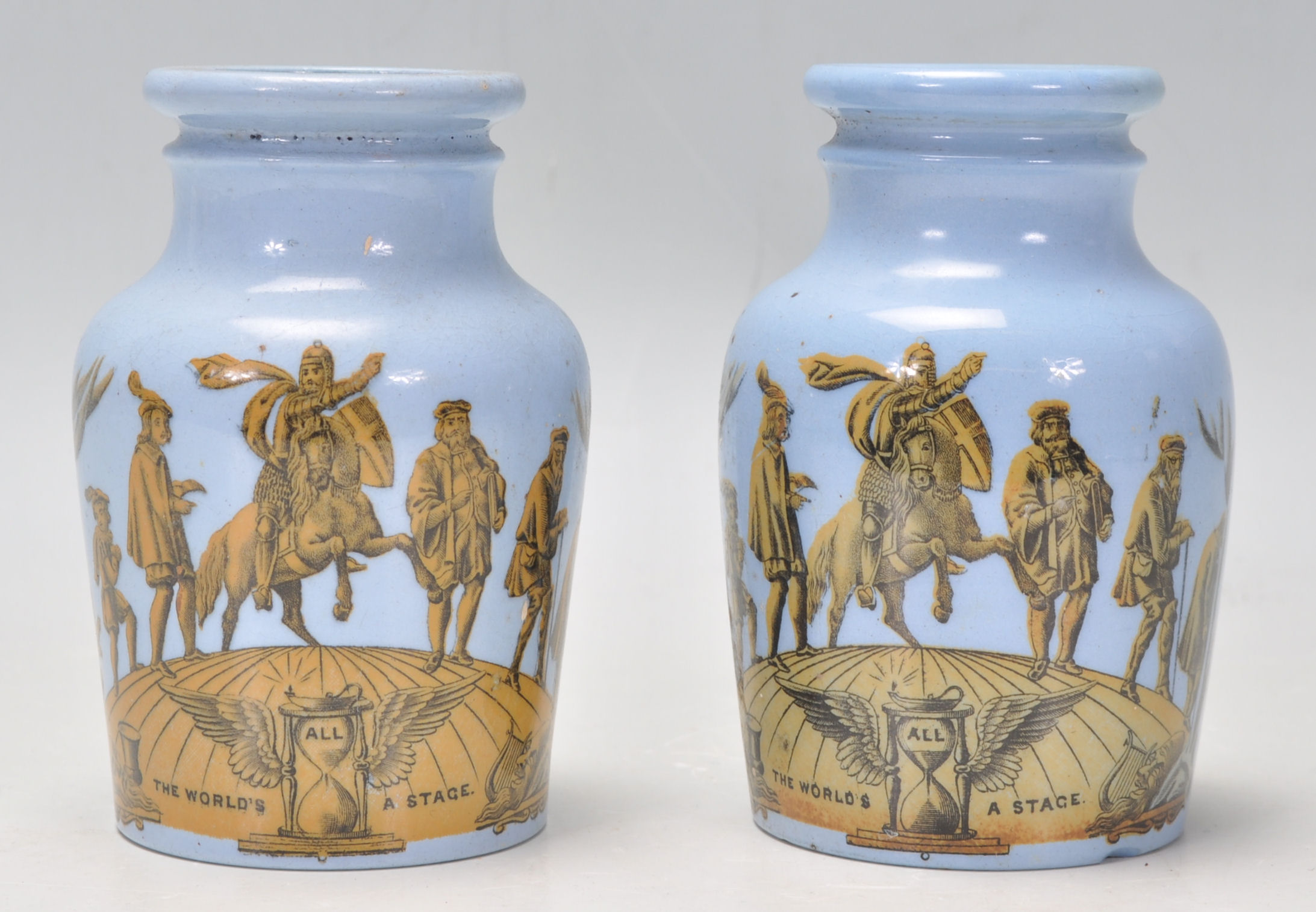 A pair of 19th century Pratt ware blue glaze Etruscan ware bottle vases each with Theatrical - Image 6 of 9