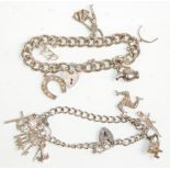 Two silver charm bracelets with both having heart padlocks and silver safety chains. Adorned with