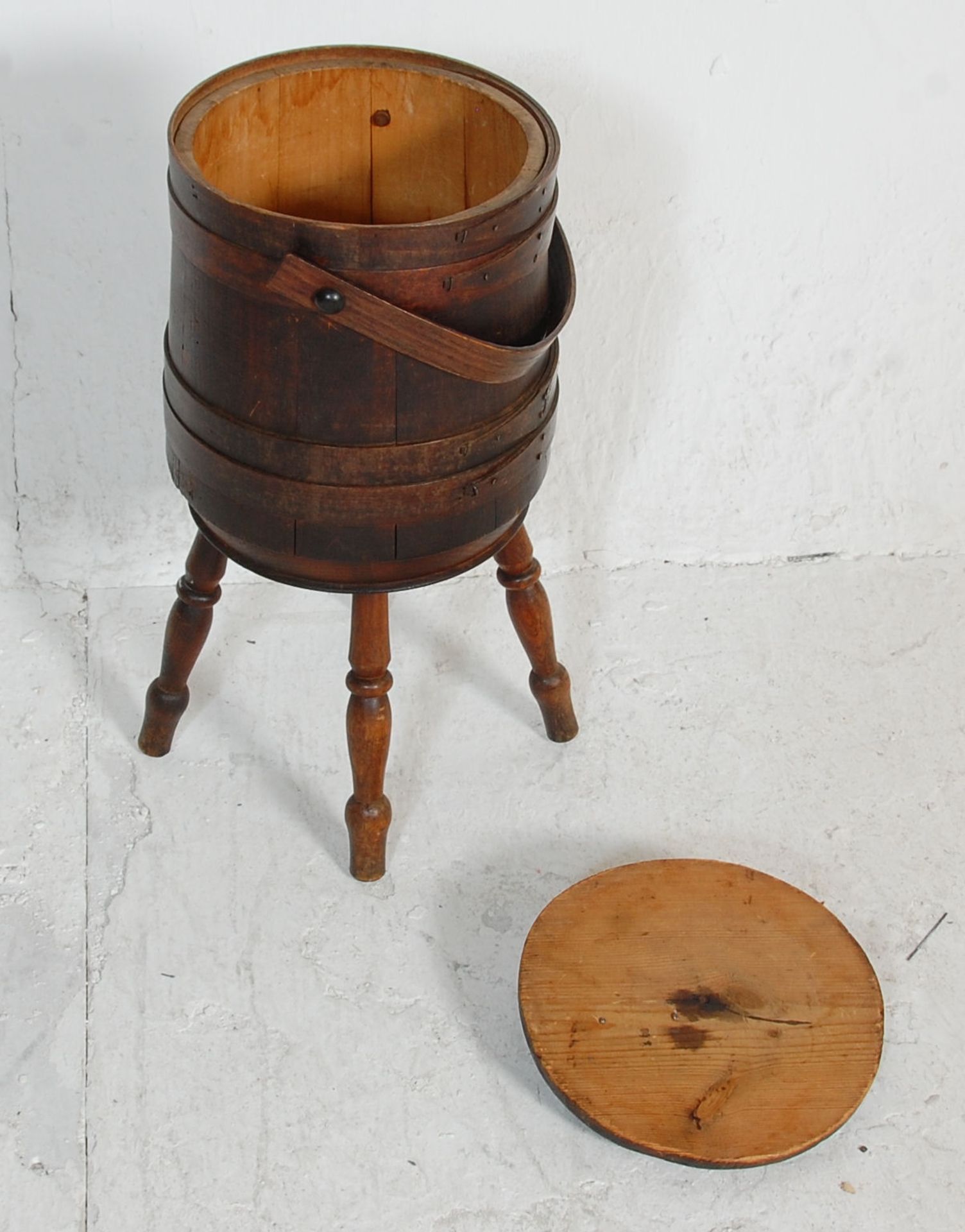 A 20th Century stained pine coopered wine cooler barrel / planter raised on turned supports with a - Bild 7 aus 7