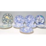 A collection of 19th / 20th century plates to include blue and white majolica leaf plate, blue and