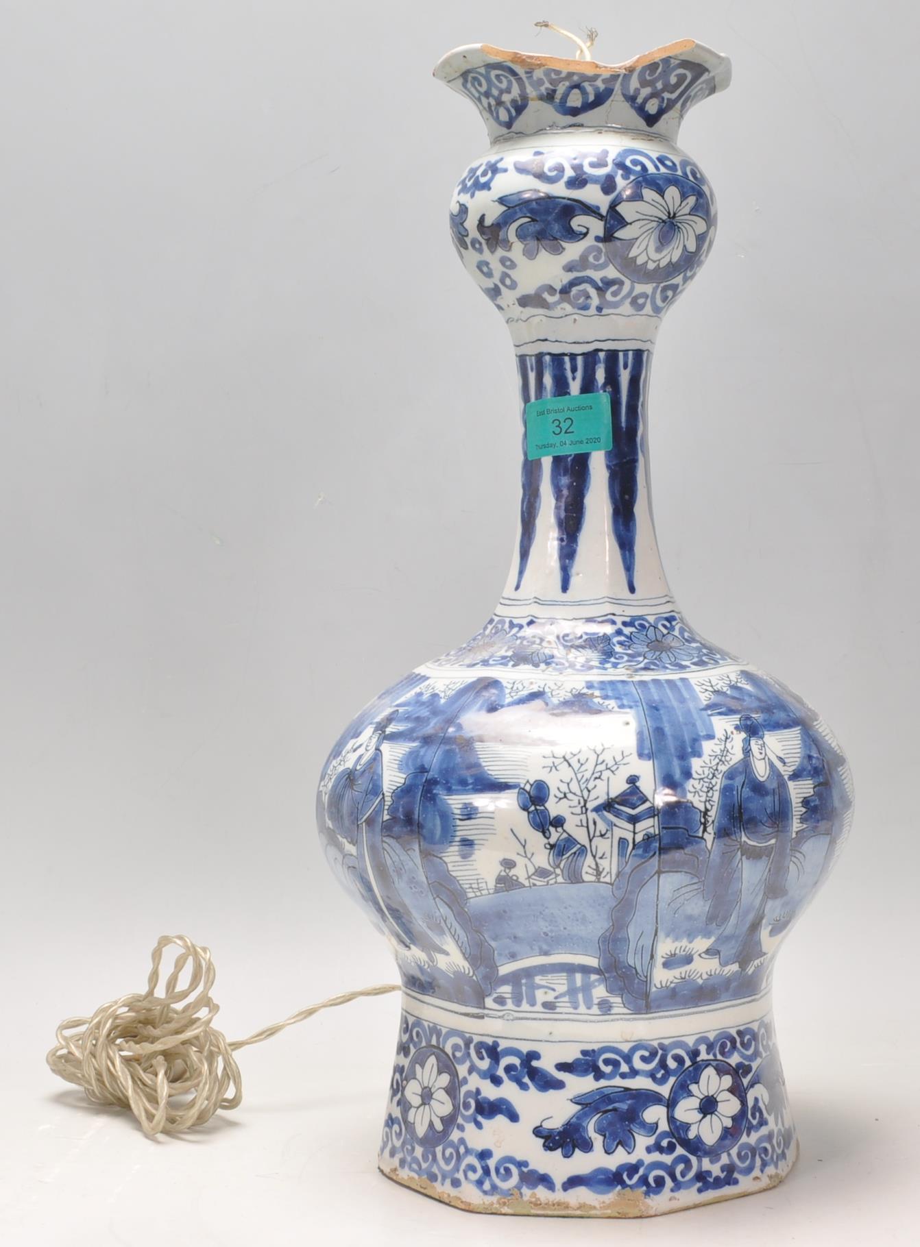 An 18th Century Delft Chinese style guglet / tulip vase converted into a lamp, being hand painted in