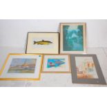 A collection of five vintage prints and pictures to include a hand coloured trout print, a signed