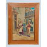 H Sparks - A watercolour painting depicting two people within an enclosed street with ladys watching
