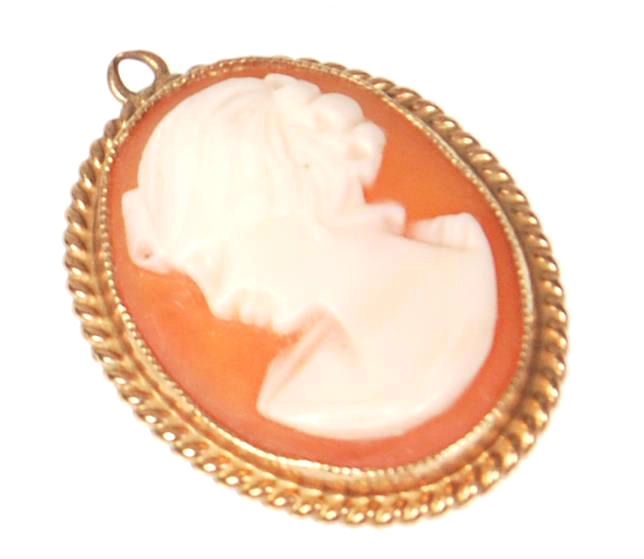 A vintage 9ct gold mounted cameo pendant necklace having a rope twist gold surround. Hallmarked