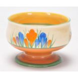A 1930's Art Deco Bizarre for Clarice Cliff crocus pattern footed bowl having a flared rim. Makers
