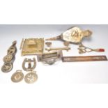 A collection of antique Victorian brass ware to include a set of brass bellows having repousse