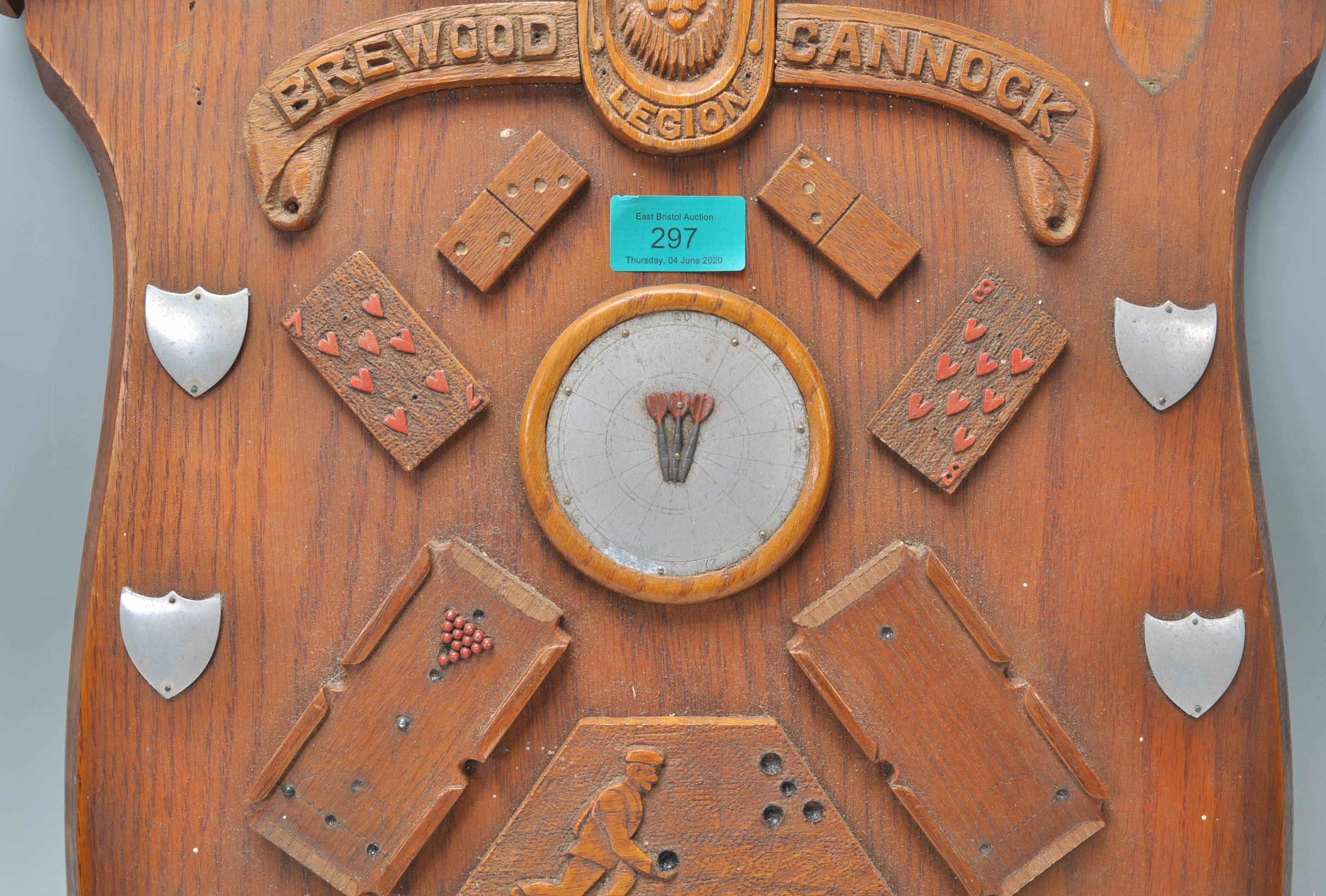 A vintage wooden wall  plaque British Brewood Cannock Sports Trophy of armorial shield form having - Image 3 of 5