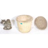 A mixed group of three stone garden wares / ornaments to include a squirrel figure, plant pot and