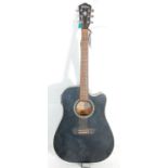A good Washburn made six string acoustic guitar having a black finished body with chrome tuning pegs