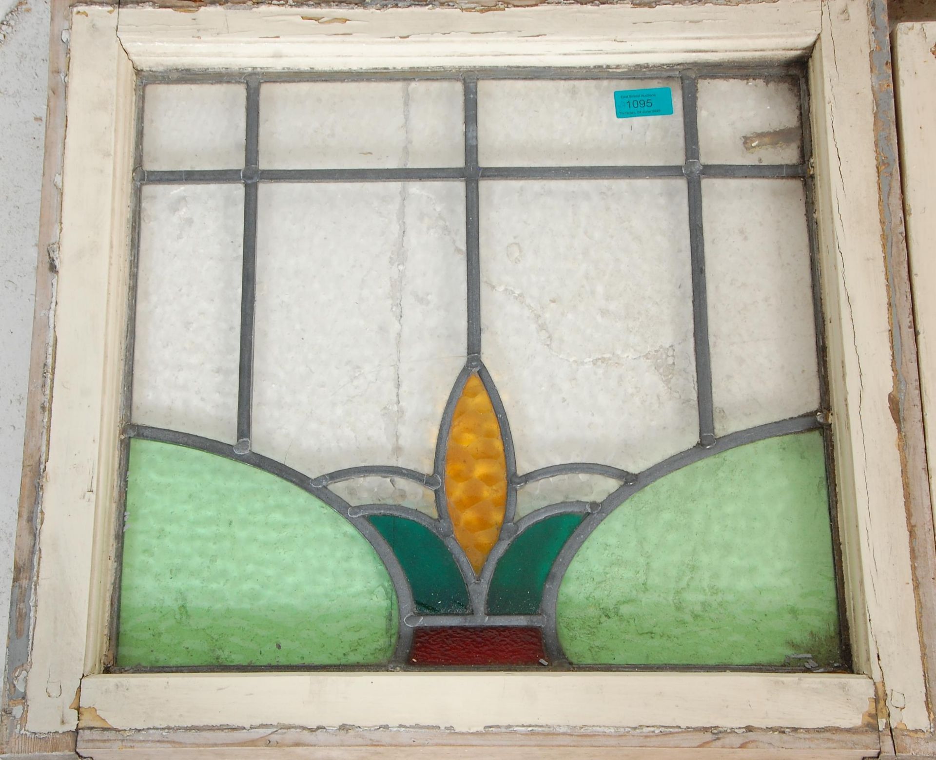 A good group of seven early 20th century vintage led lined stained glass windows set within window - Bild 3 aus 8