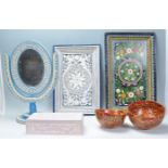 A collection of Mexican vintage carved and hand painted wooden trays together with a hinged box,