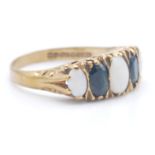 A hallmarked 9ct gold sapphire and opal ring. The ring set with 3 opal cabochons and 2 oval mix