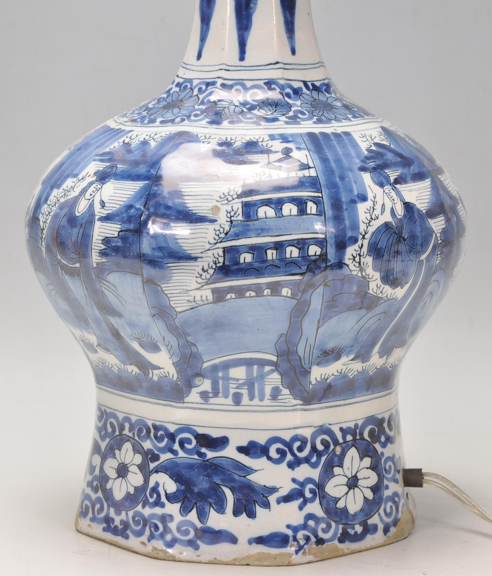 An 18th Century Delft Chinese style guglet / tulip vase converted into a lamp, being hand painted in - Image 11 of 14