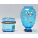 Two vintage blue glass hand enamelled ceramics in the manner of Moser to include a cylindrical