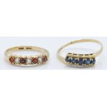 2 hallmarked 9ct gold rings. One set with 5 blue stones, the other having orange and white stones.