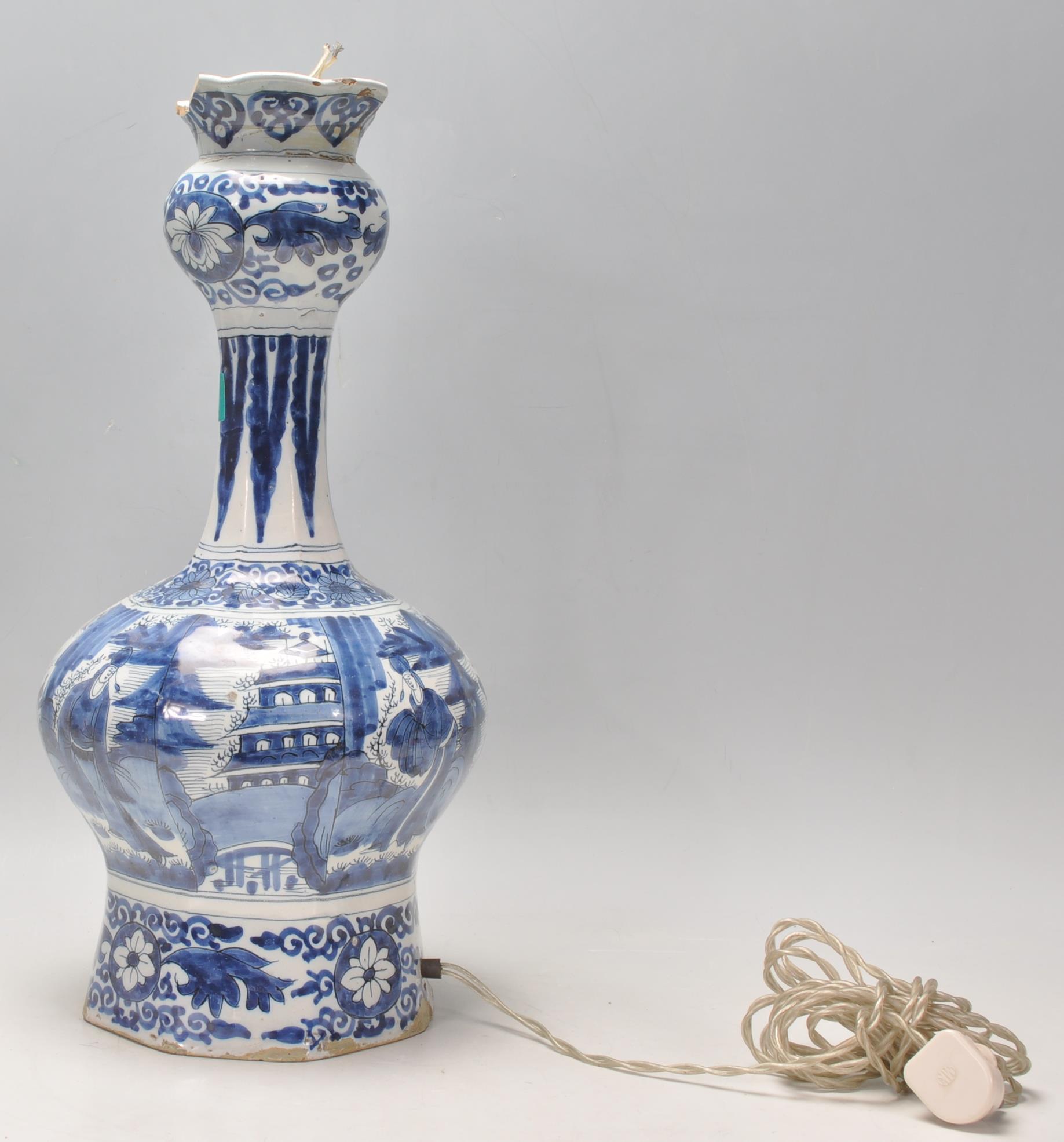 An 18th Century Delft Chinese style guglet / tulip vase converted into a lamp, being hand painted in - Image 10 of 14