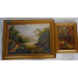 A 20th Century oil on canvas painting depicting a landscape scene with a figure walking a dog on a