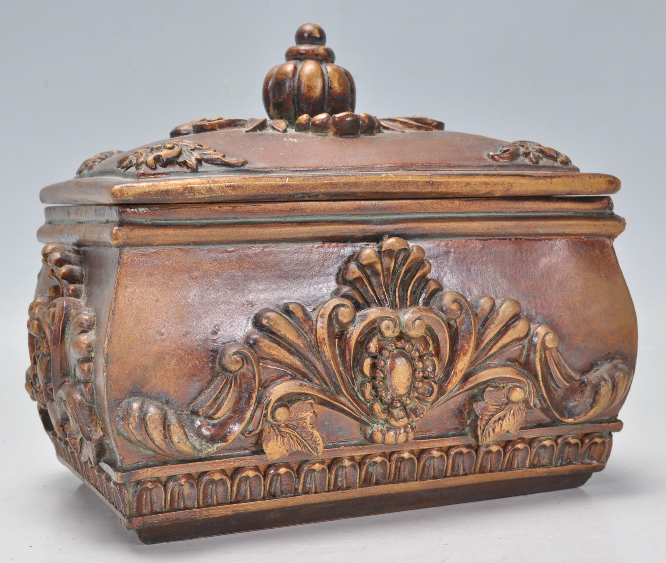 A unusual terracotta jewellery / trinket box havin