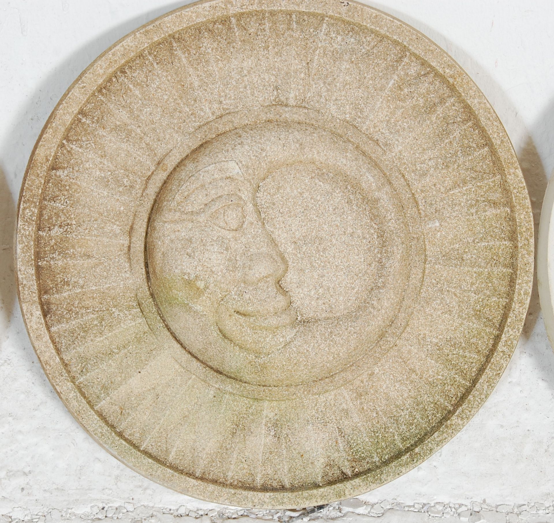 A group of three 20th Century antique syle garden wall plaques of round form each having moulded sun - Bild 2 aus 4