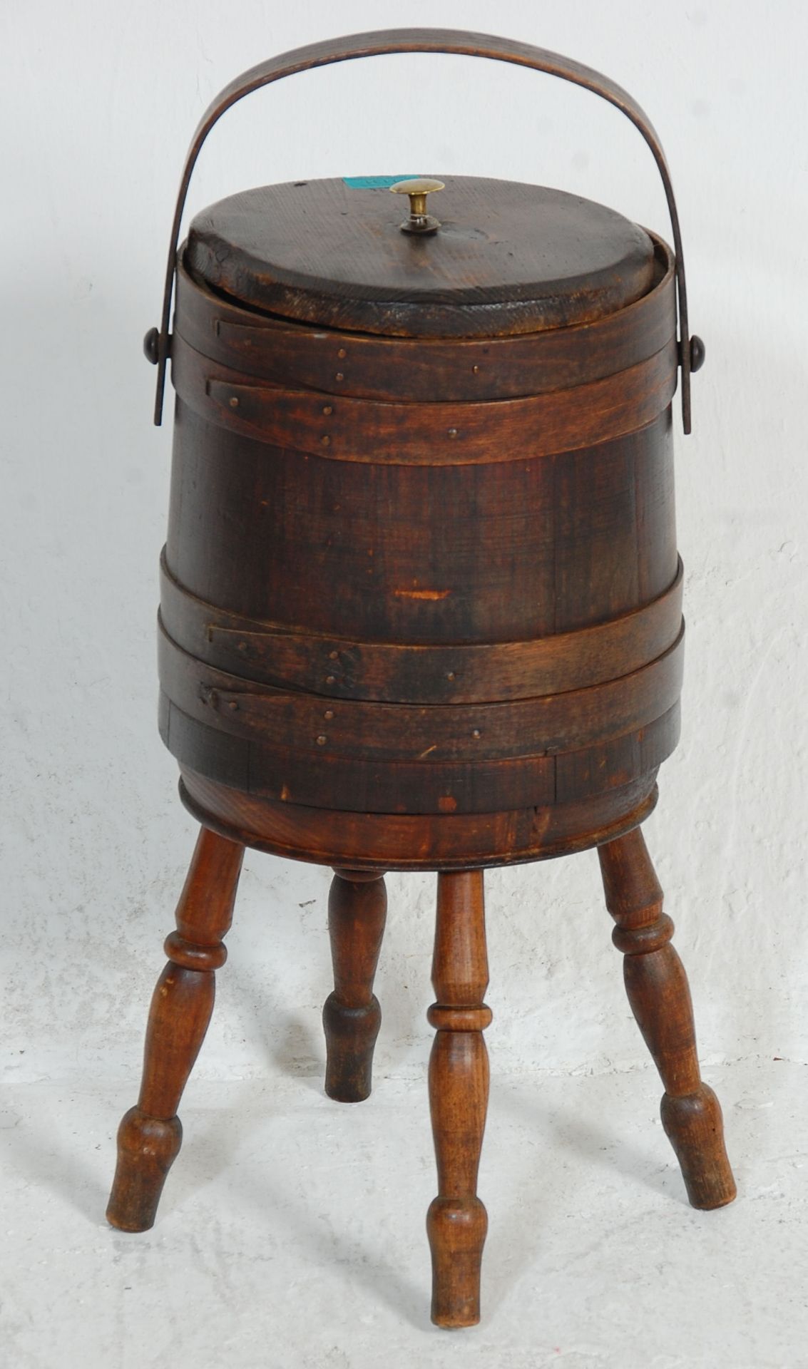 A 20th Century stained pine coopered wine cooler barrel / planter raised on turned supports with a - Bild 4 aus 7