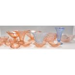 A group of early 20th Century Art Deco 1930's blue and pink glassware to include decorative vases