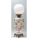 An antique German porcelain Dresden / Sitzendorf style oil lamp of large proportions, the body