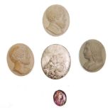 A good group of three lava cameos with each cameo depicting a gentleman. Together with two