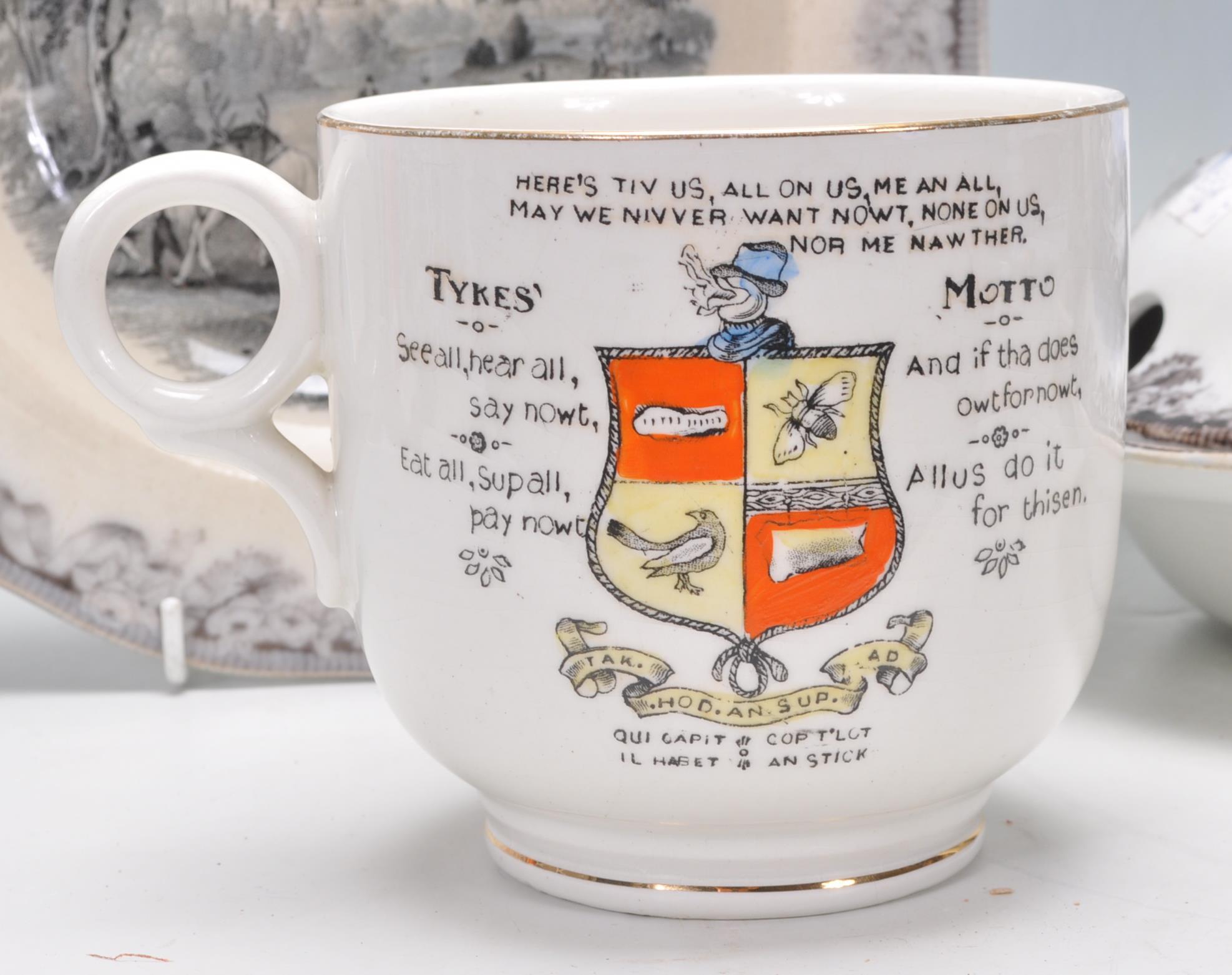 A collection of 19th Century ceramics to include a motto mug, transfer printed prattware plate and - Image 4 of 11