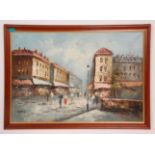 Kosman - A vintage 20th Century acrylic on canvas painting depicting a European street scene with