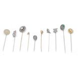 A collection of 19th and 20th century gold, silver, white and yellow metal stick pins. To include a