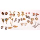 A collection of sixteen vintage ladies clip on earrings to include marcasite examples, enamelled