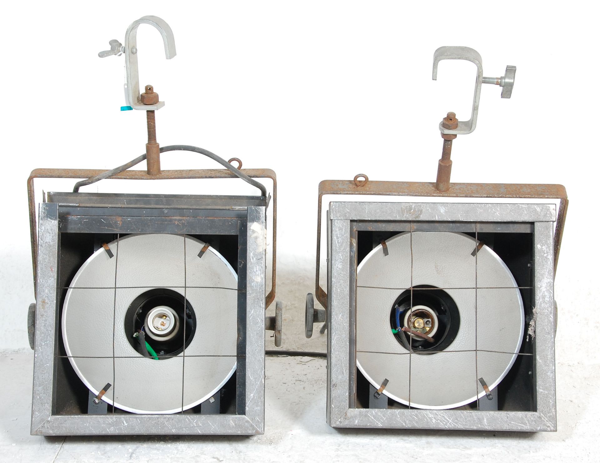 A good pair of large mid 20th century Industrial Strand Electric Theater Spot lights with