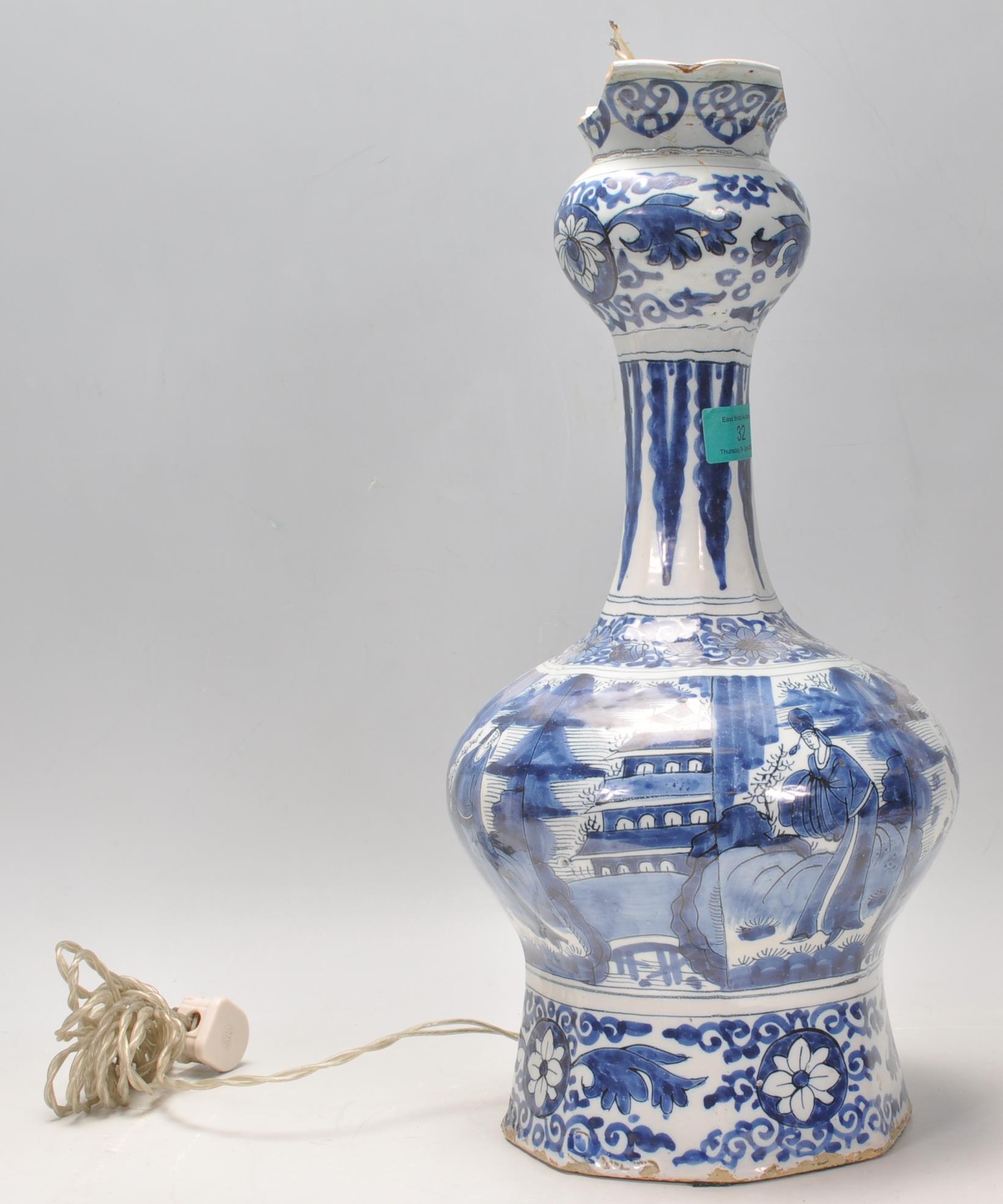 An 18th Century Delft Chinese style guglet / tulip vase converted into a lamp, being hand painted in - Image 4 of 14