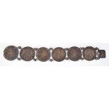 A silver Maltese coin bracelet constructed from five two scudi Emmanuel De Rohan 1796 coins and