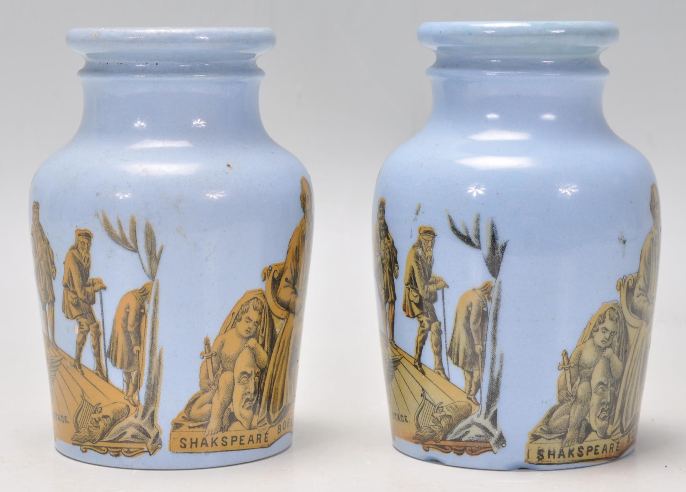 A pair of 19th century Pratt ware blue glaze Etruscan ware bottle vases each with Theatrical - Image 5 of 9