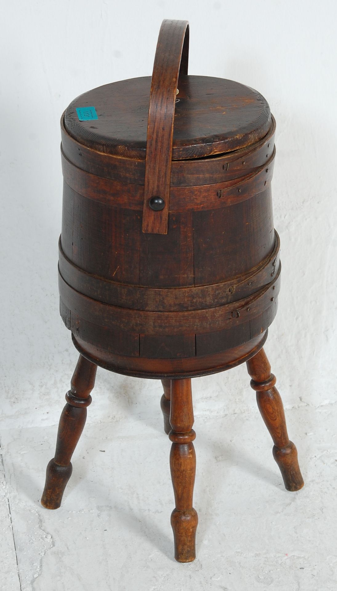 A 20th Century stained pine coopered wine cooler barrel / planter raised on turned supports with a - Bild 5 aus 7