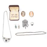 A collection of vintage jewellery to include a pair of silver and mother of pearl cufflinks, a