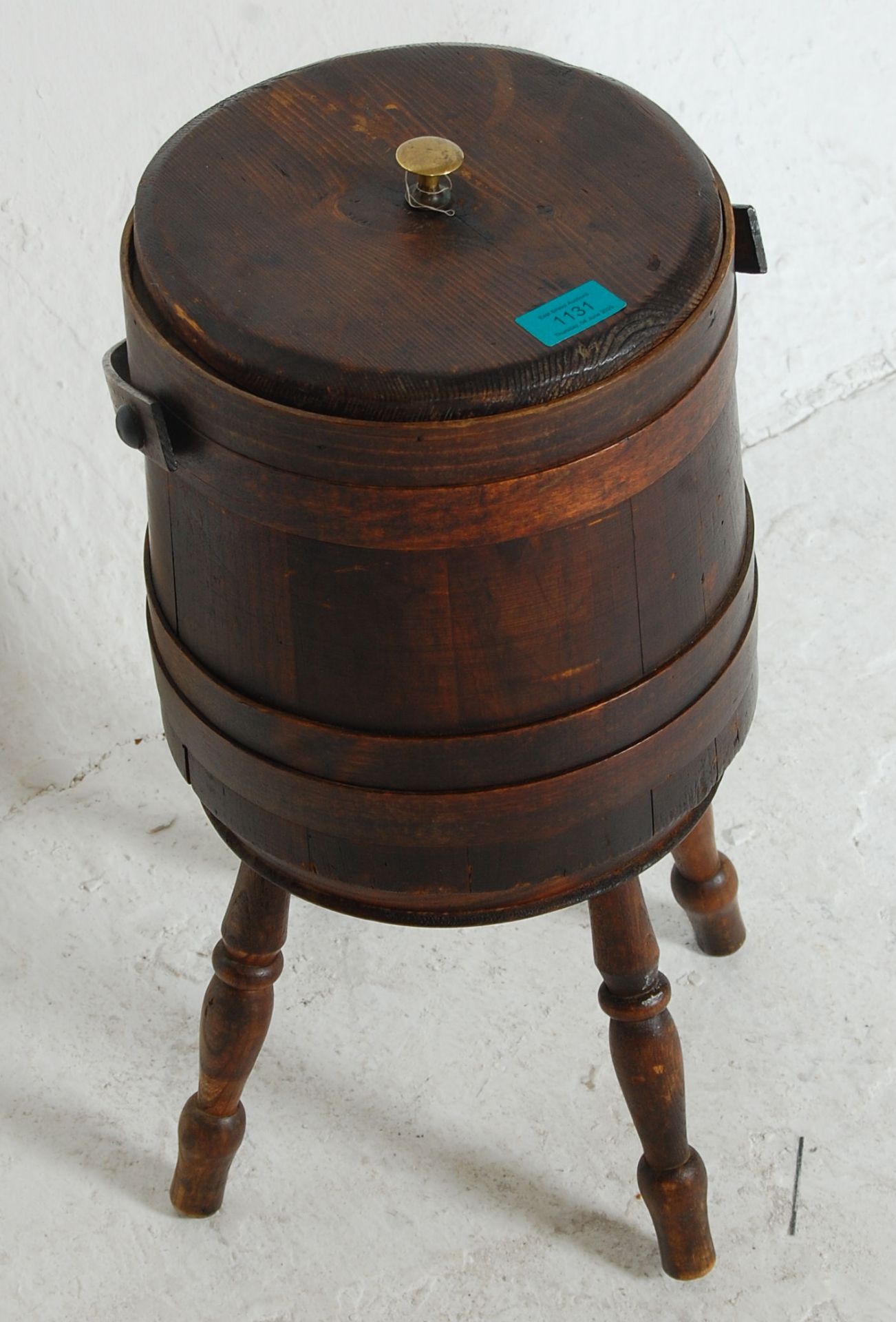 A 20th Century stained pine coopered wine cooler barrel / planter raised on turned supports with a - Bild 2 aus 7